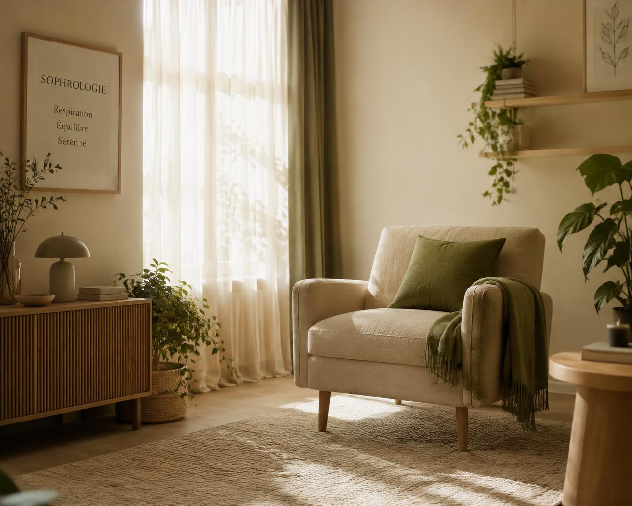 Cabinet de sophrologie lumineux avec fauteuil et plantes